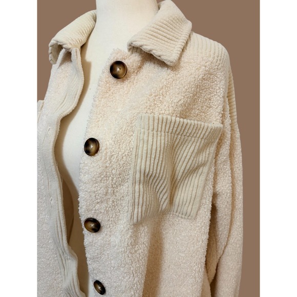 Bluenotes Small Ivory Corduroy Trim Sherpa Shirt Jacket Oversized Shacket‎ - Picture 2 of 6